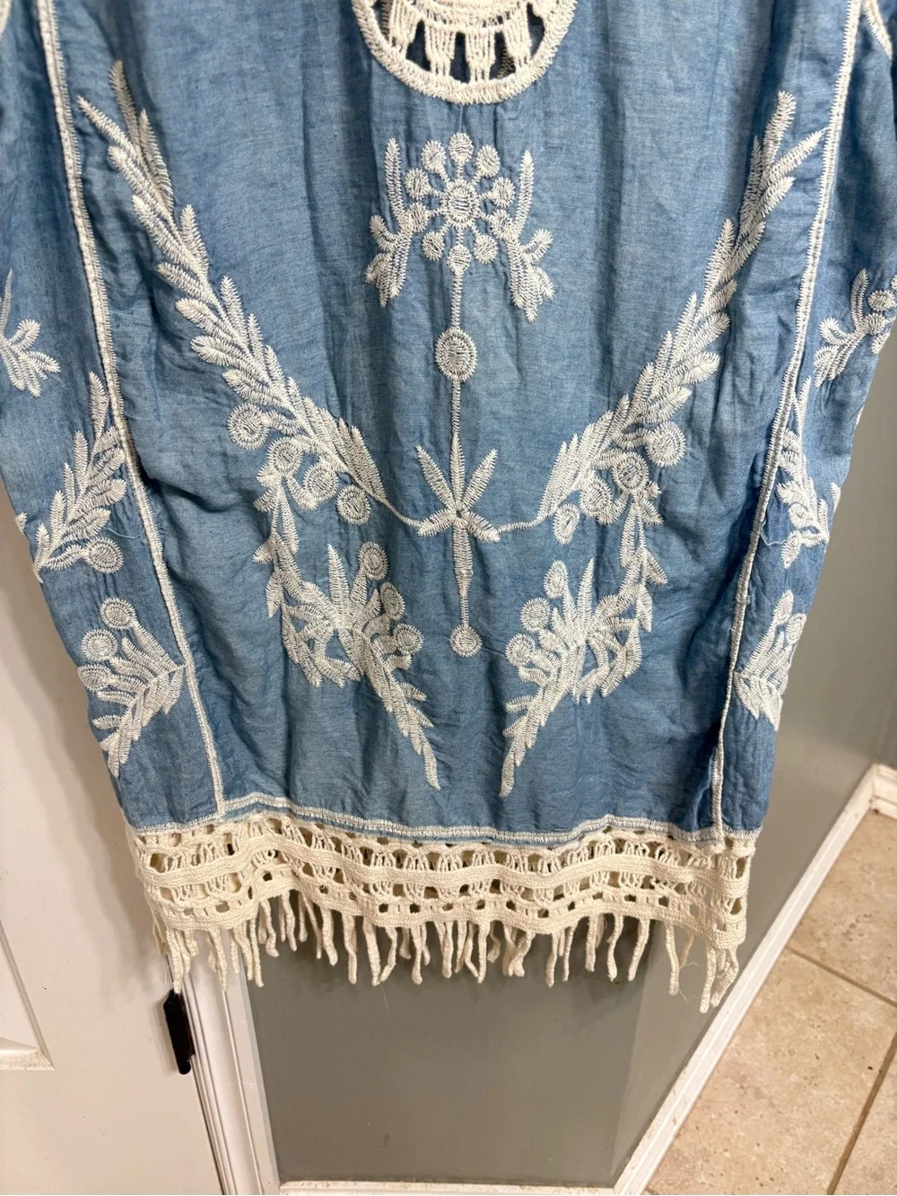 Mango Blue Embroidered Boho Tunic with Cream Crochet